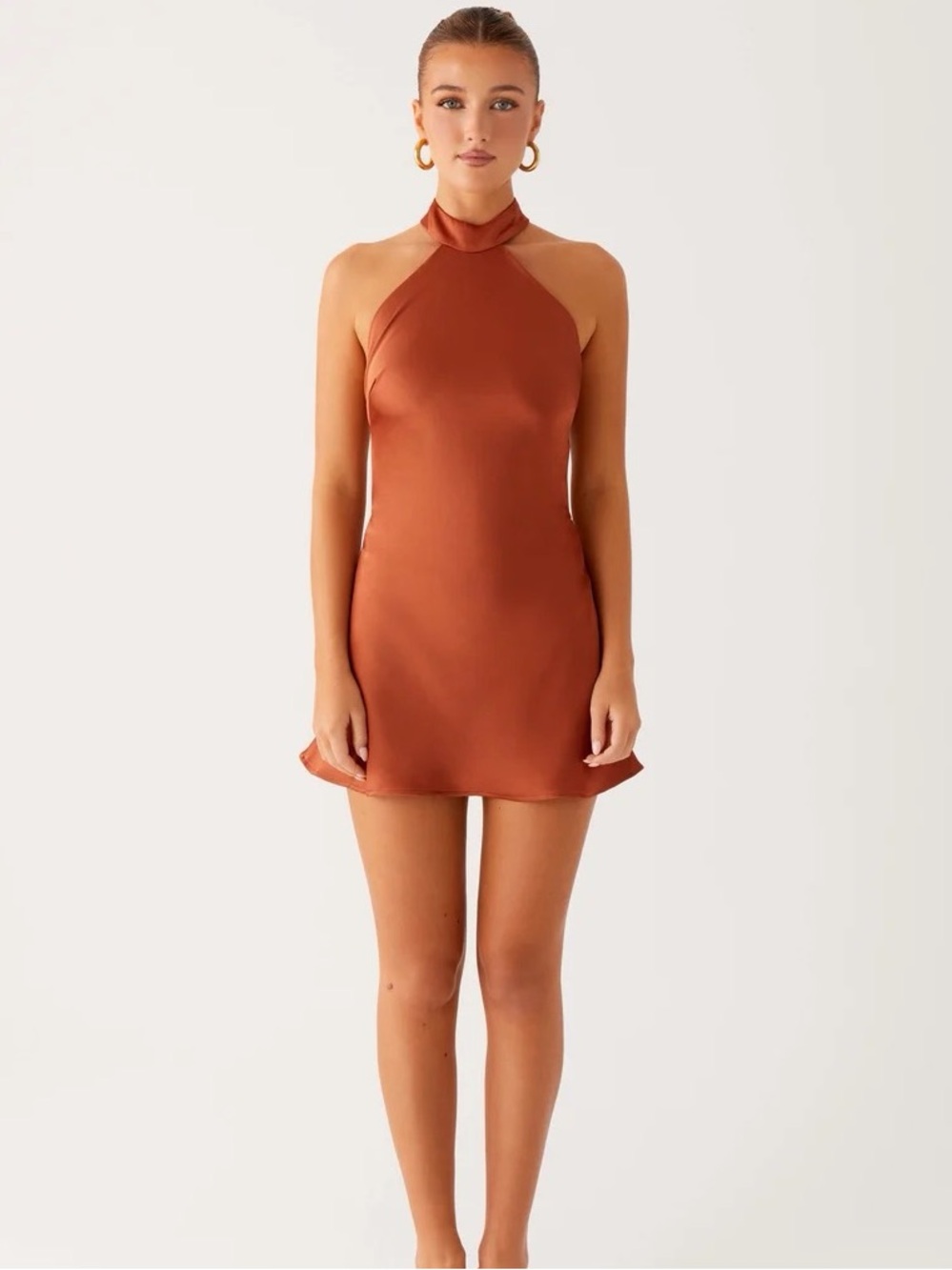 Peppermayo Rust Halter Satin Mini Dress